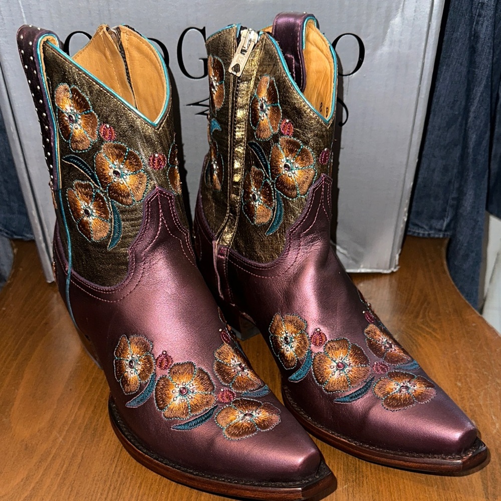 Old Gringo Vermillion WineGold Floral Embroidered studded Western Ankle Boots